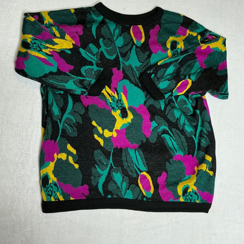 Vibrant Floral Print Crew Neck Long Sleeve Knit Sweater Black Multi Color - Picture 5 of 5